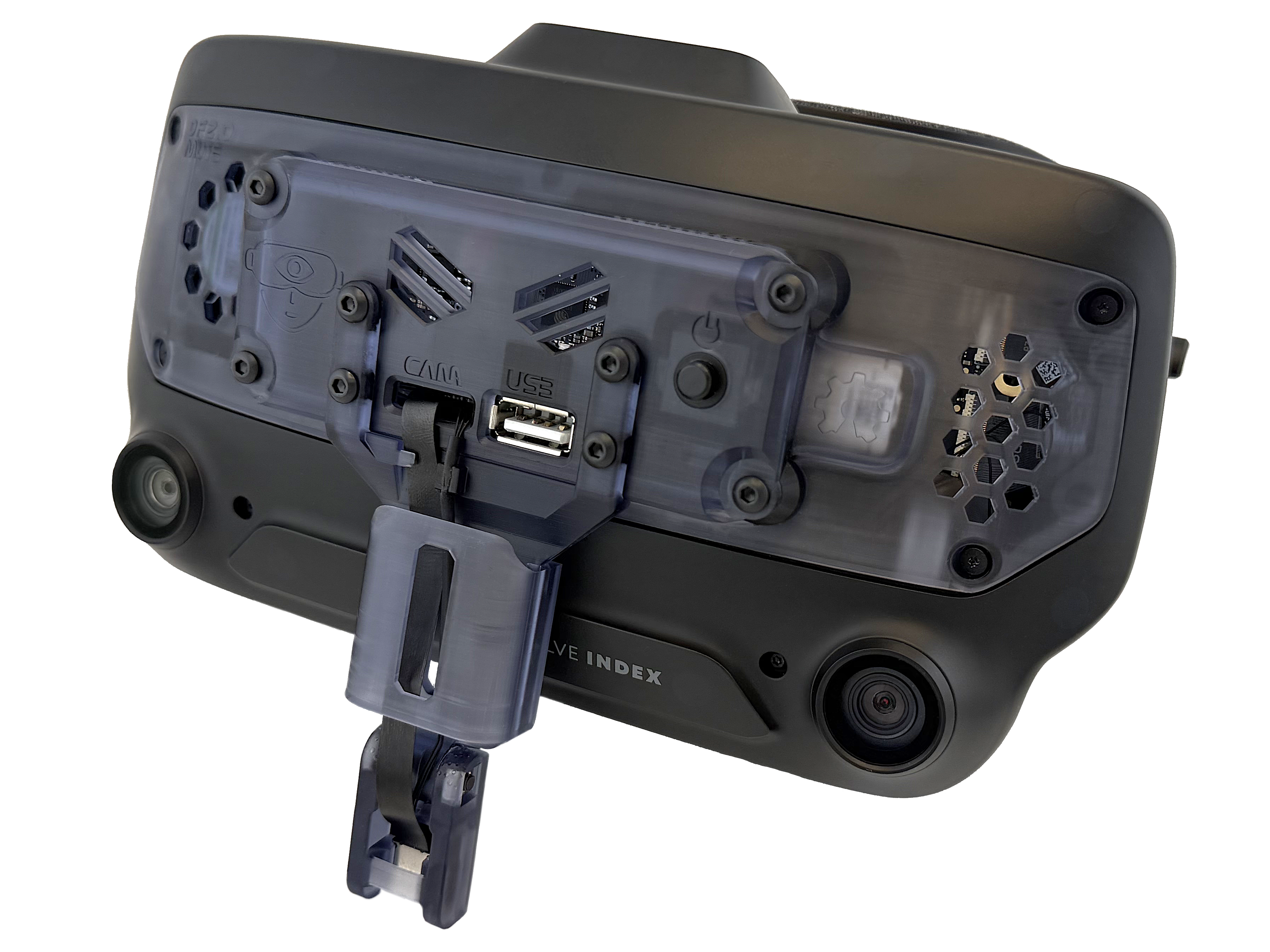 FaceFocusVR eye and face tracking module installed on a Valve Index headset