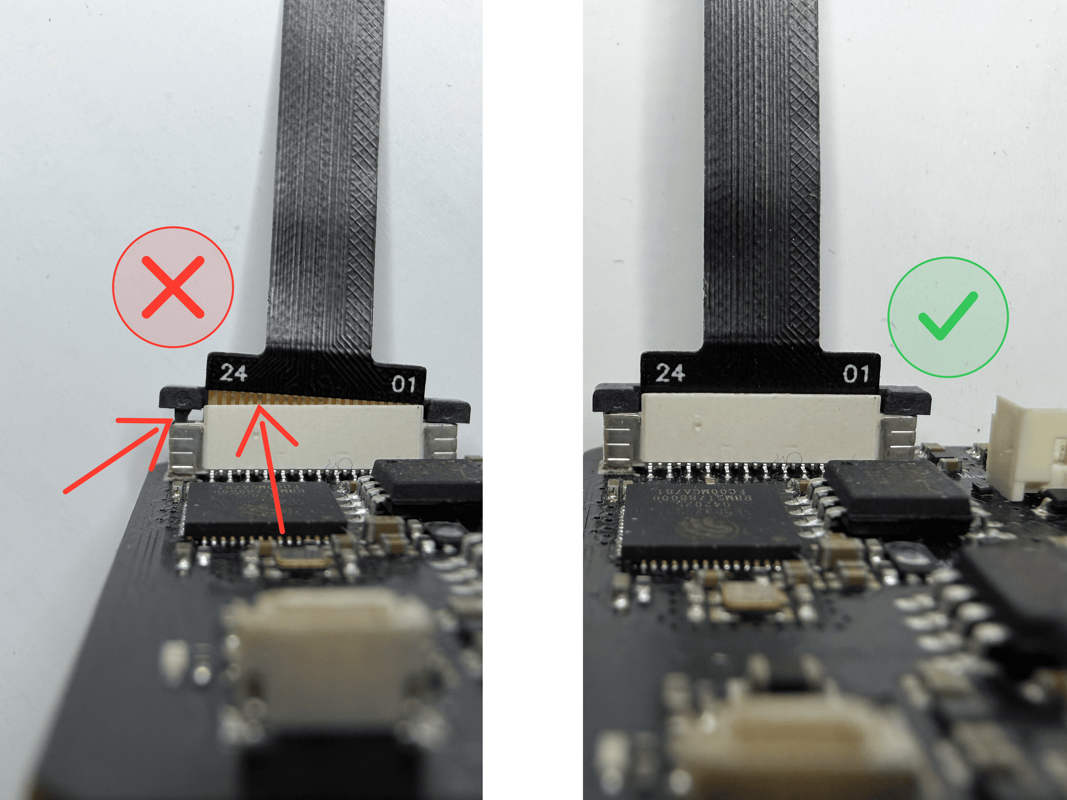 Comparison of a camera ribbon cable in its connector: not fully inserted with gold contacts still visible (wrong) versus pushed all the way in with the locking tabs fully closed (correct)