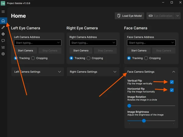 Face Camera Settings su įjungtomis apvertimo parinktimis
