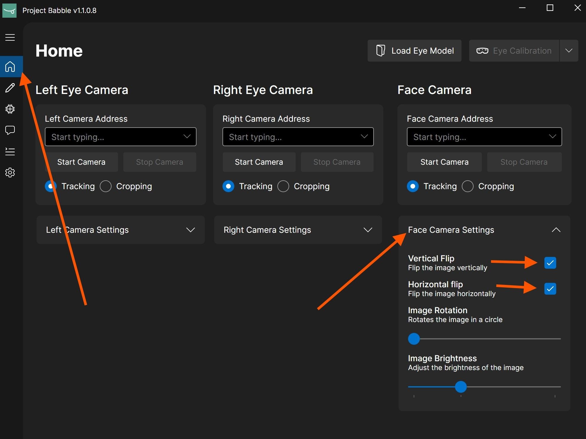 Face Camera Settings su įjungtomis apvertimo parinktimis