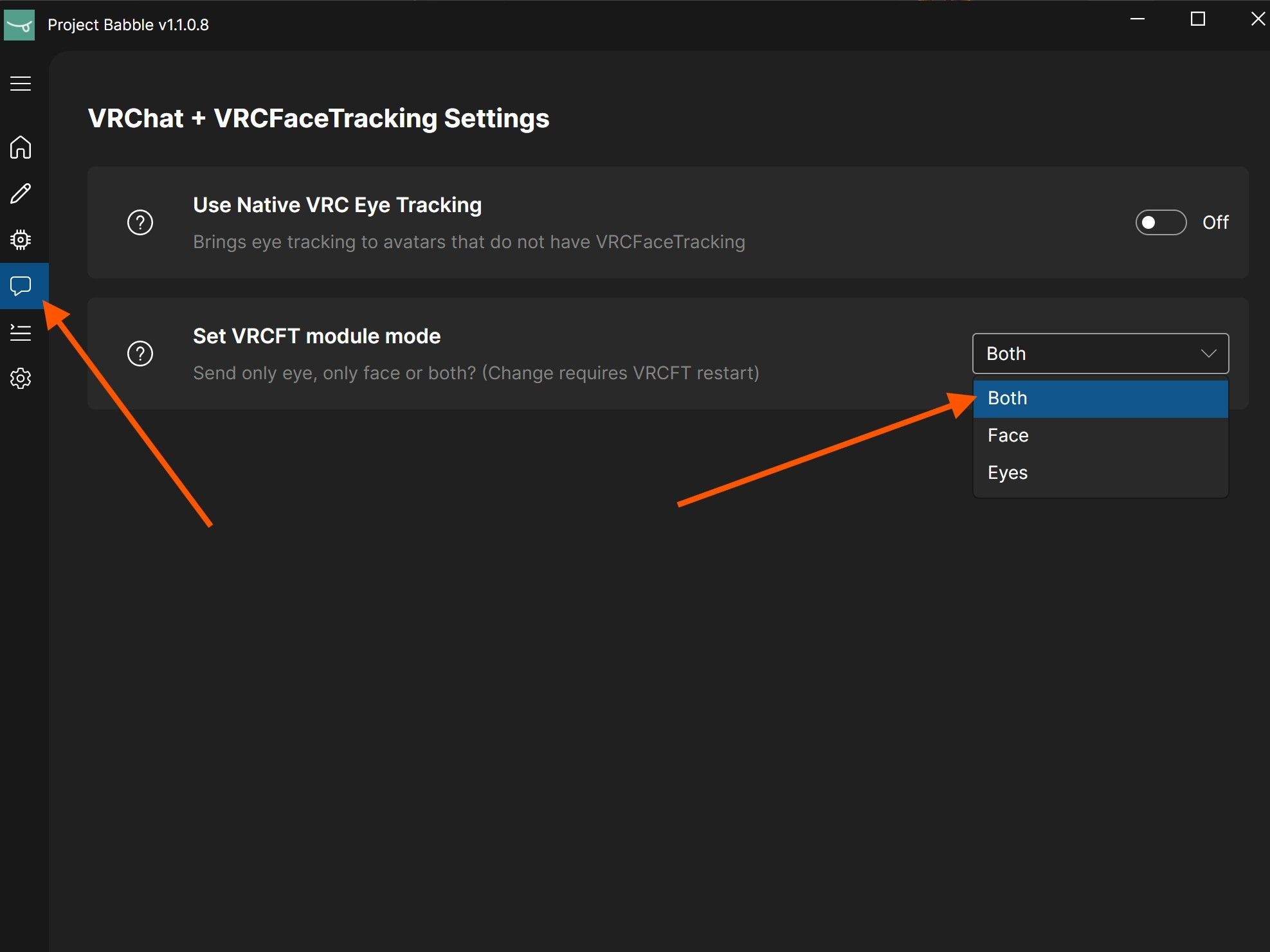 VRChat + VRCFaceTracking communicatie-instellingen met VRCFT-modulemodus op Both