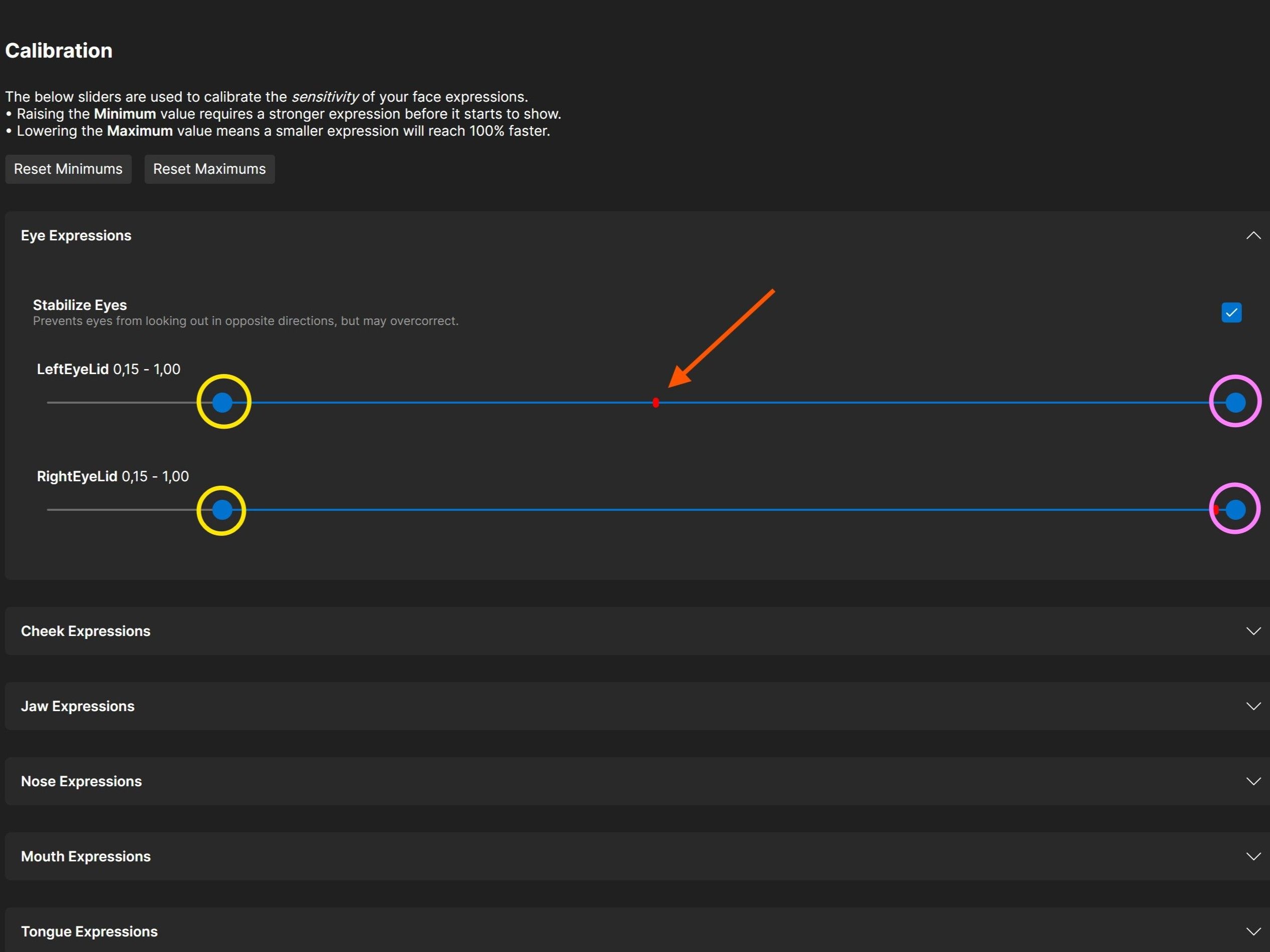 Parametrų slankikliai su minimumo (geltonai) ir maksimumo (rožiniai) valdikliais