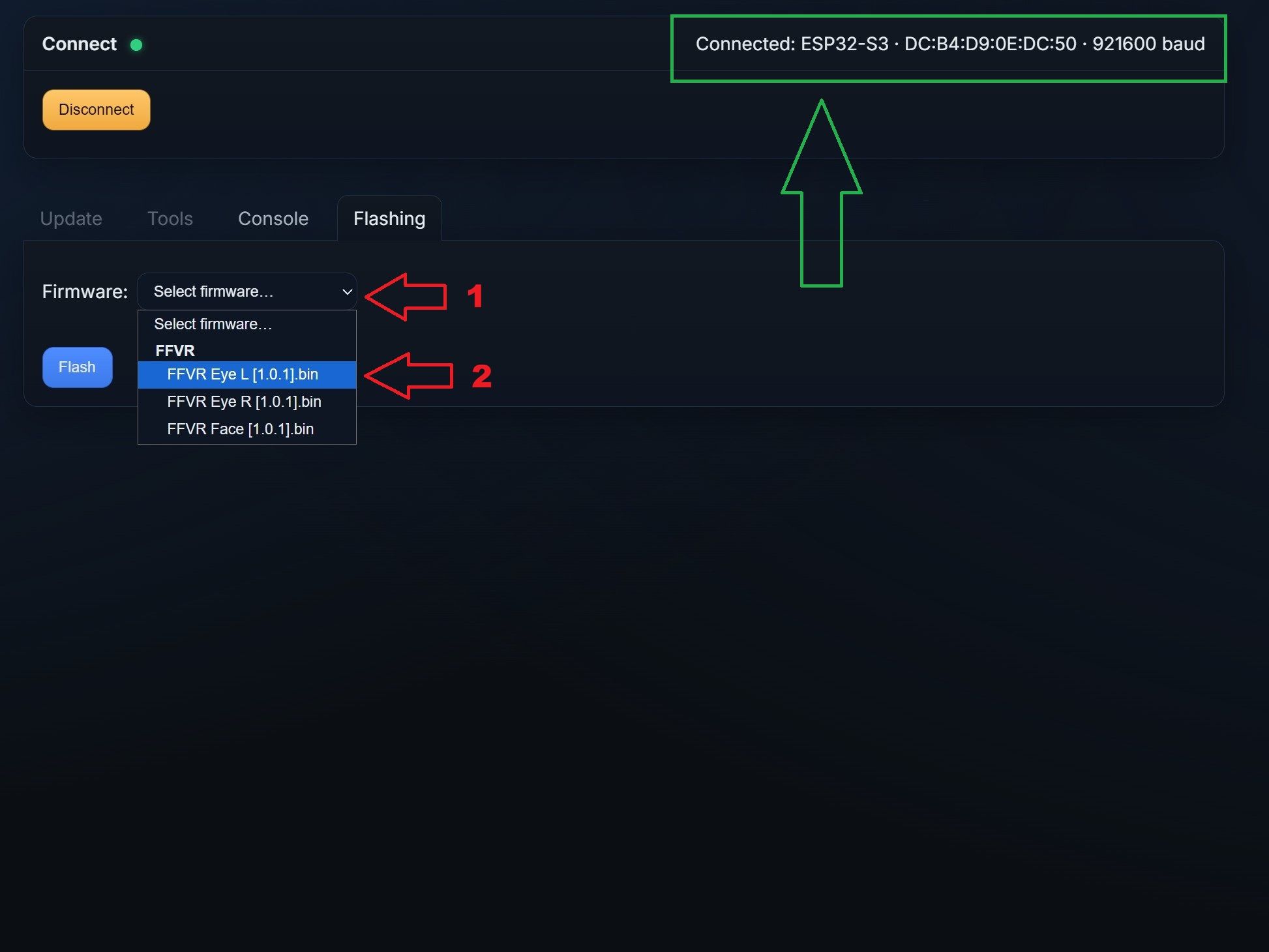 Update tool showing Connected: ESP32-S3 status and the firmware selection dropdown