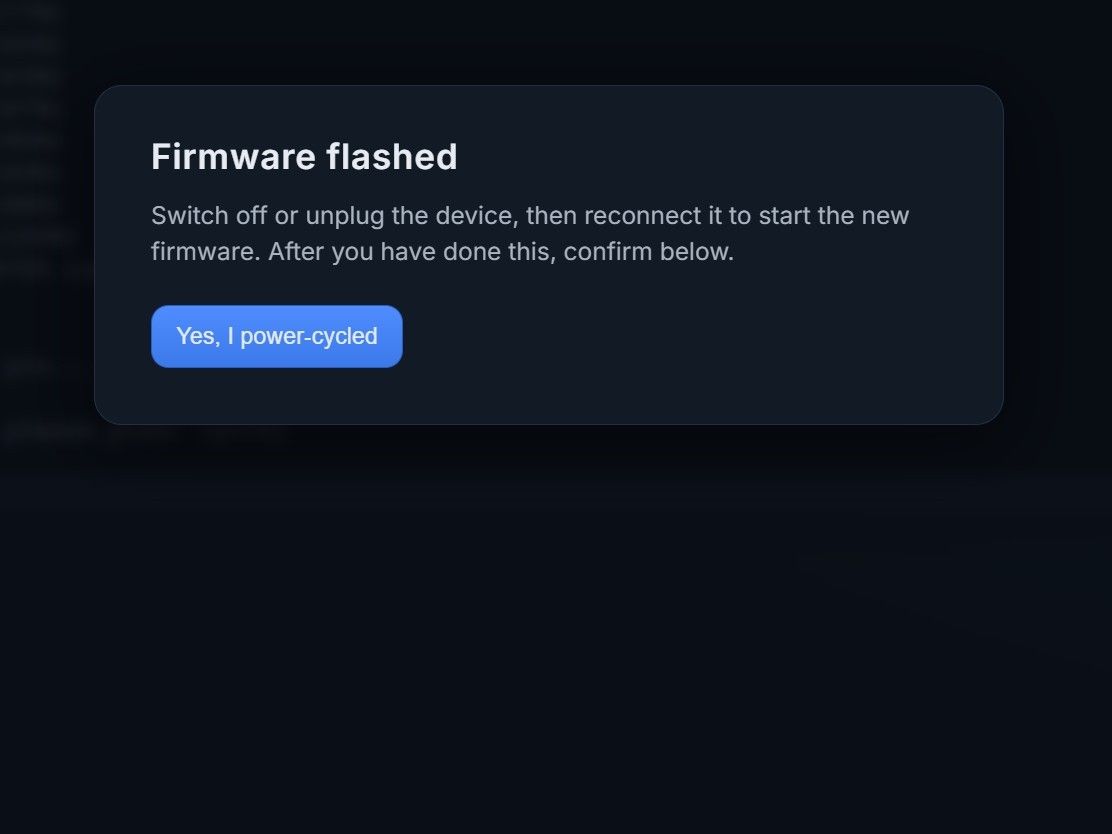 Success popup confirming the firmware was flashed successfully